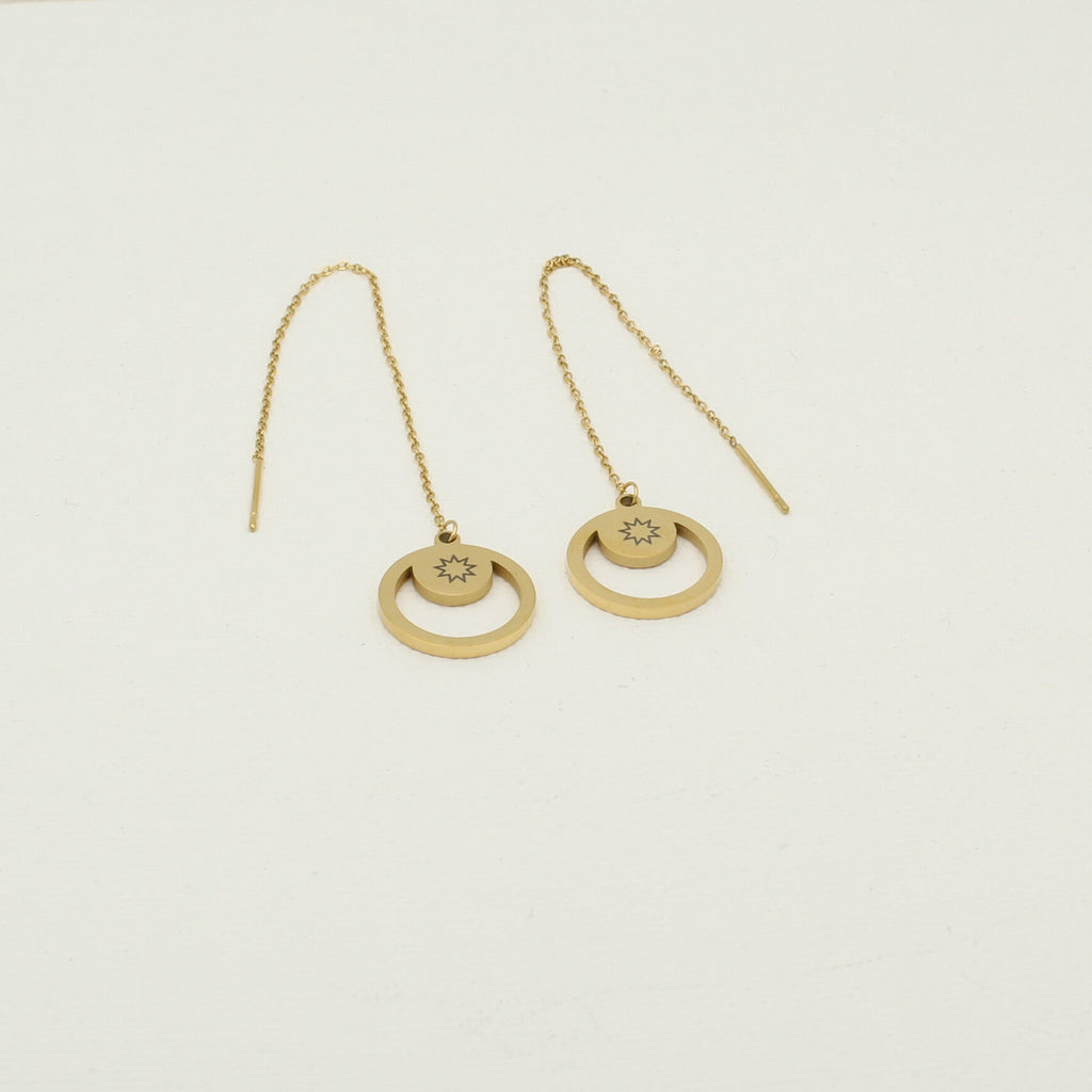 Minimal gold chain earrings with engraved 9-pointed star pendant by Maconi Jewelry