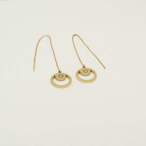 Minimal gold chain earrings with engraved 9-pointed star pendant by Maconi Jewelry