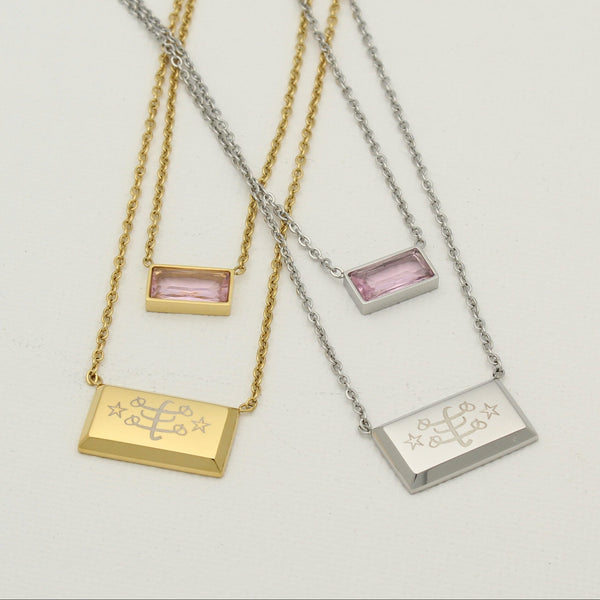 Silver and gold double strand necklaces with rose crystal accent and Ringstone Symbol by Maconi Jewelry