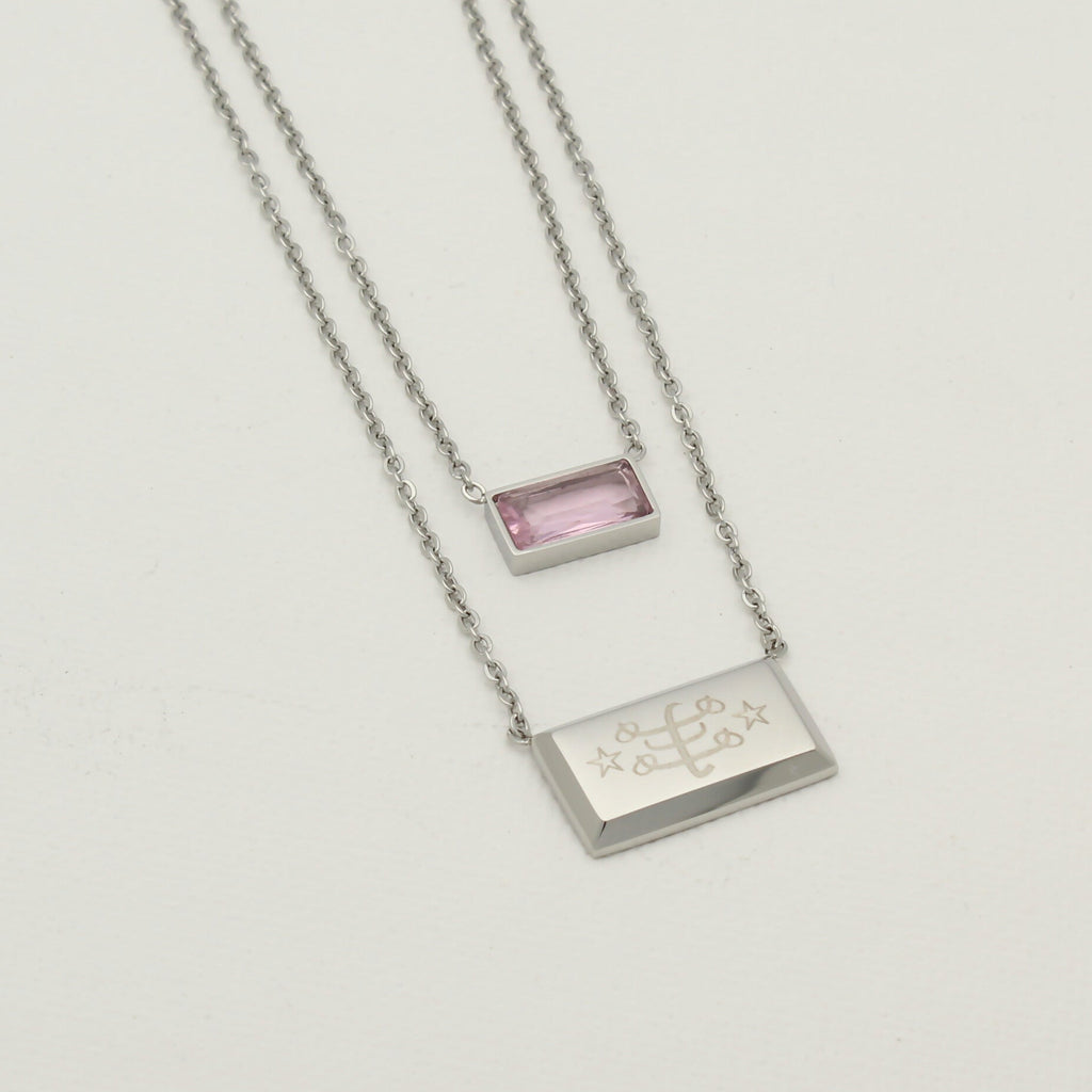 Silver double strand necklace with rose crystal accent and engraved Ringstone Symbol by Maconi Jewelry