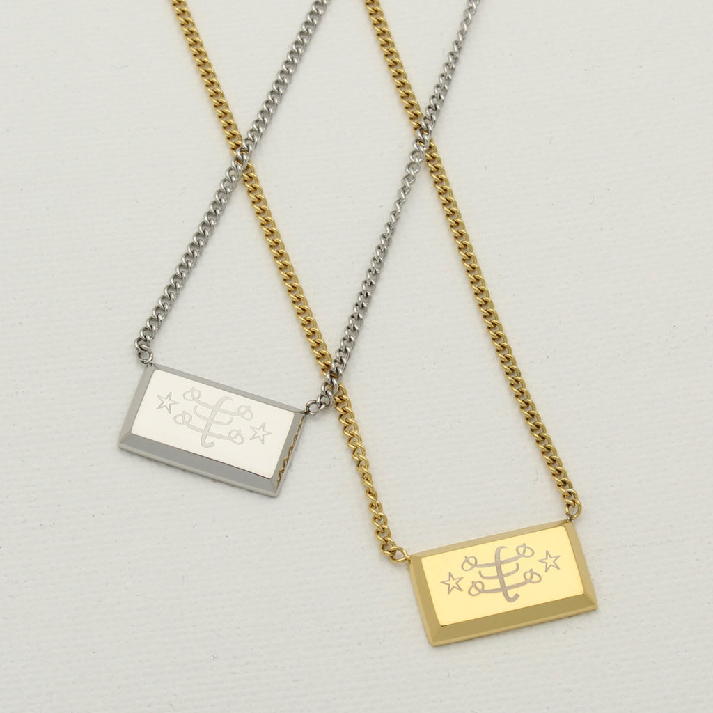 Silver and gold minimal rectangle necklaces with engraved Ringstone Symbol by Maconi Jewelry