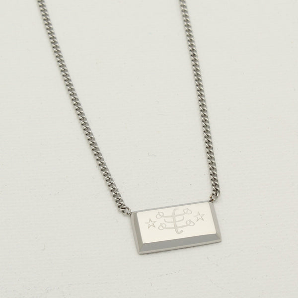 Minimal rectangle necklace in silver stainless steel with engraved Ringstone Symbol by Maconi Jewelry