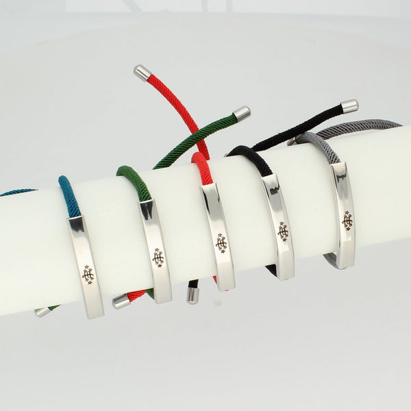 Adjustable silver bracelet collection with engraved Ringstone Symbol and colorful nylon cords by Maconi Jewelry