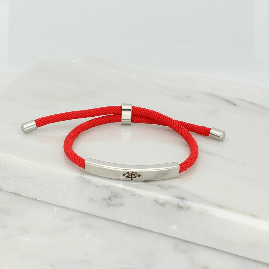 Adjustable silver bracelet with red nylon cord and engraved Ringstone Symbol by Maconi Jewelry
