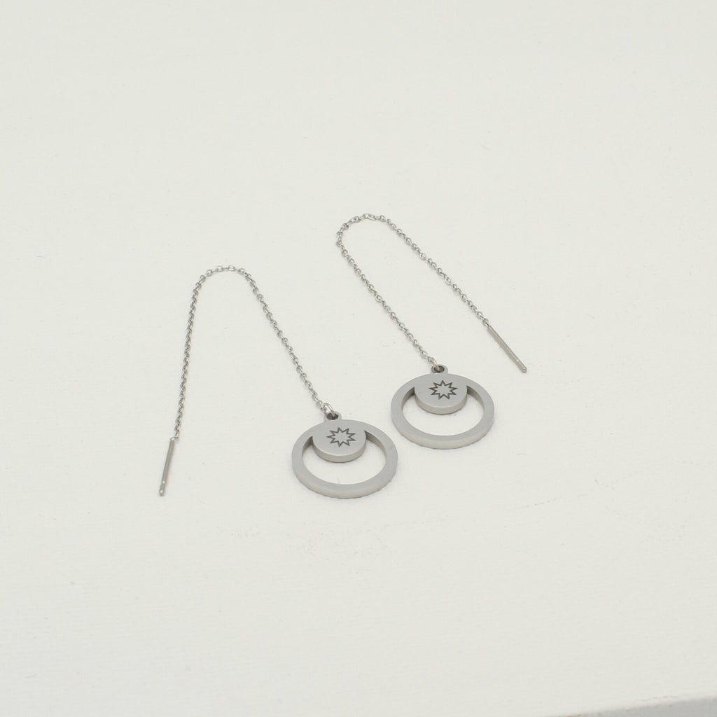 Minimal silver chain earrings with engraved 9-pointed star pendant by Maconi Jewelry