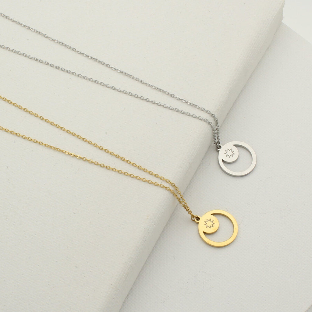 Silver and gold minimal necklaces with engraved 9-pointed star symbol by Maconi Jewelry