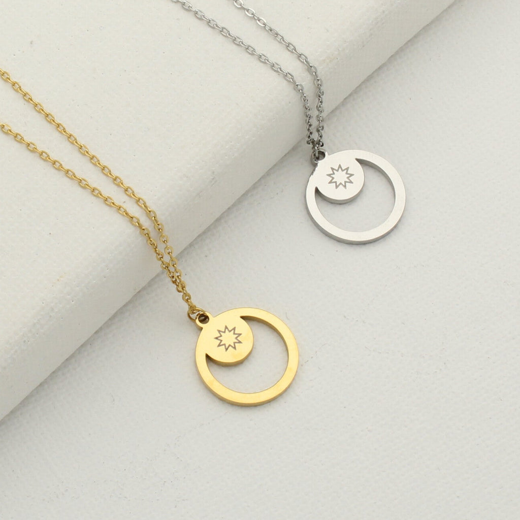 Silver and gold minimal necklaces with engraved 9-pointed star symbol by Maconi Jewelry