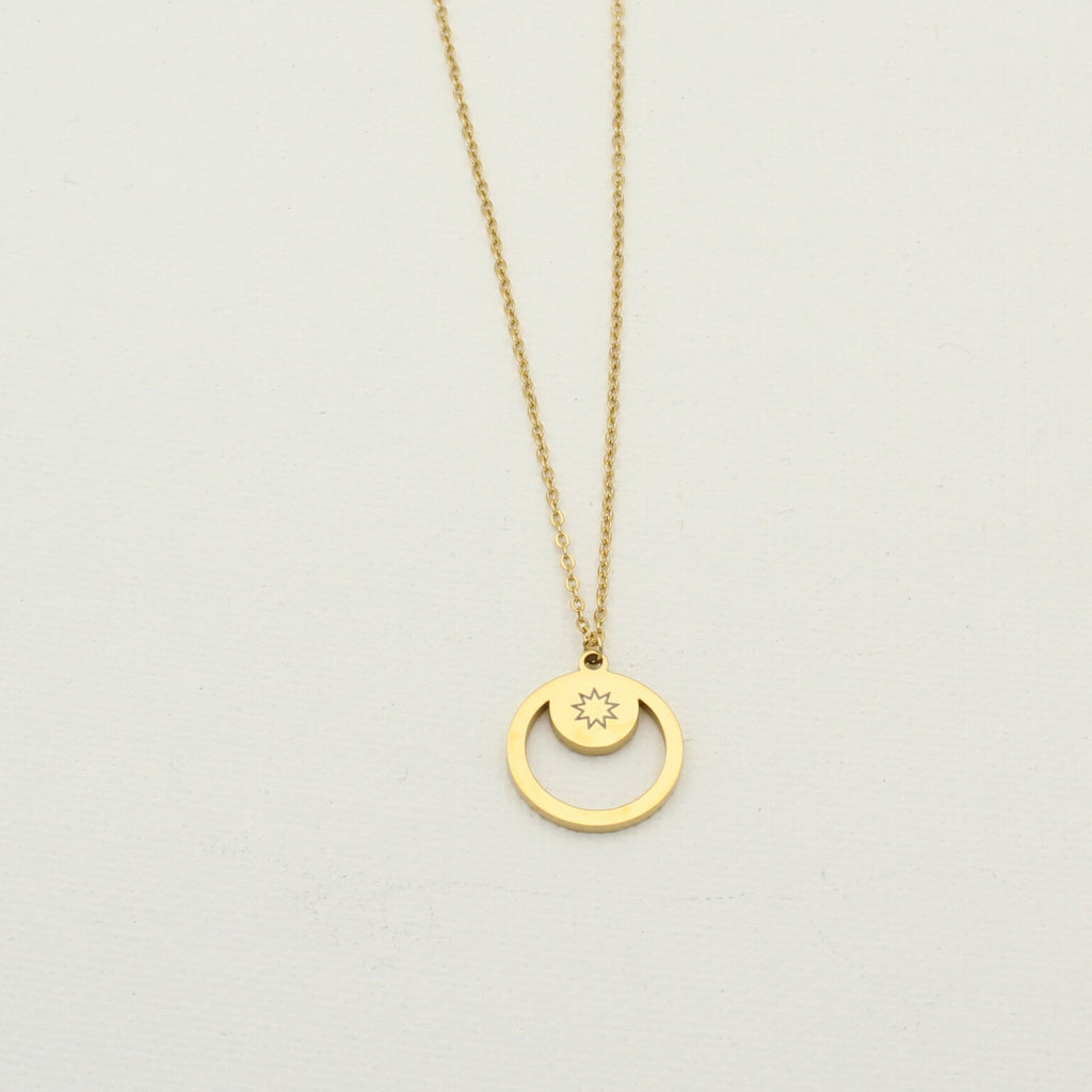 Minimal gold necklace with engraved 9-pointed star symbol by Maconi Jewelry