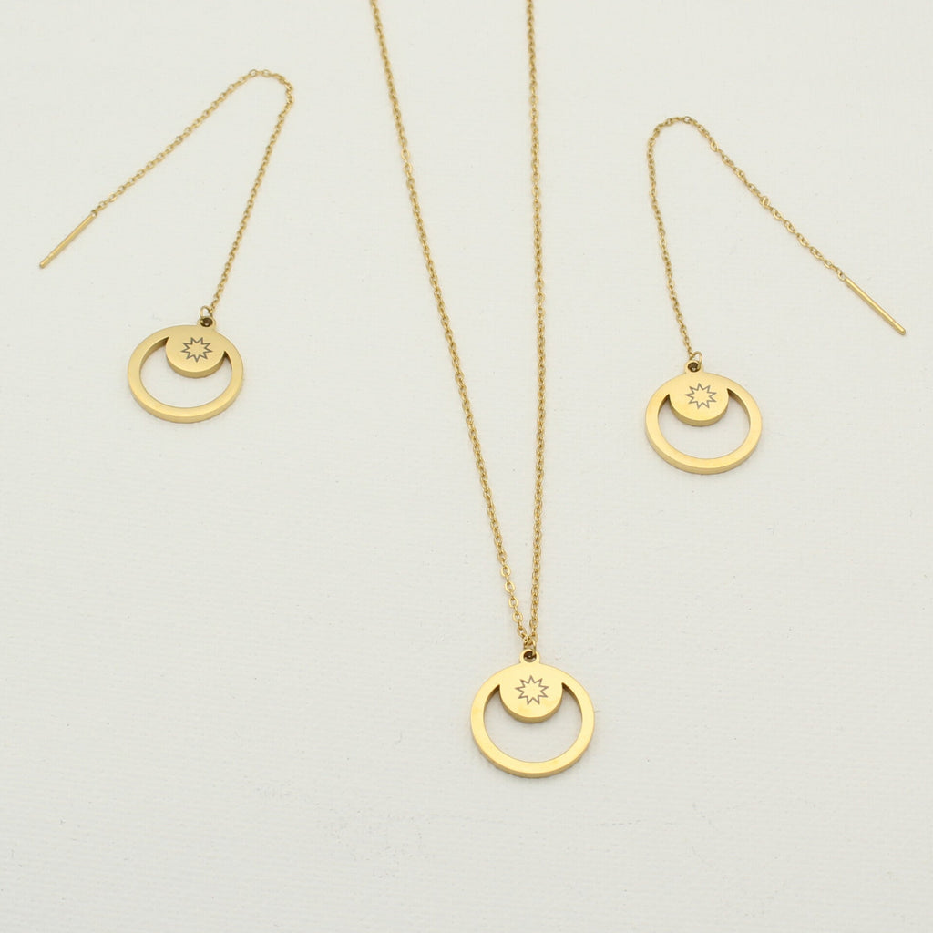 Minimal gold necklace and matching earrings with engraved 9-pointed star  pendant by Macony Jewelry