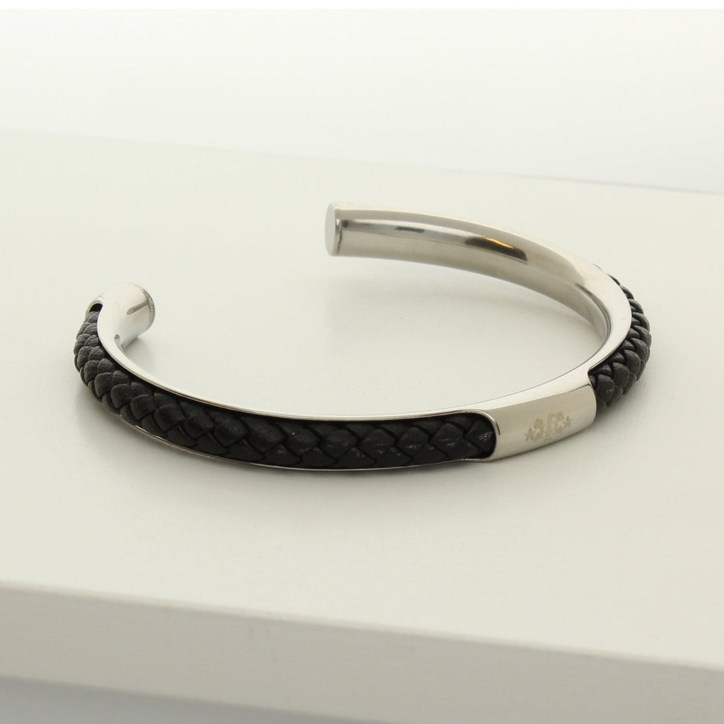 Open silver bangle with black braided leather and engraved Ringstone Symbol by Maconi Jewelry