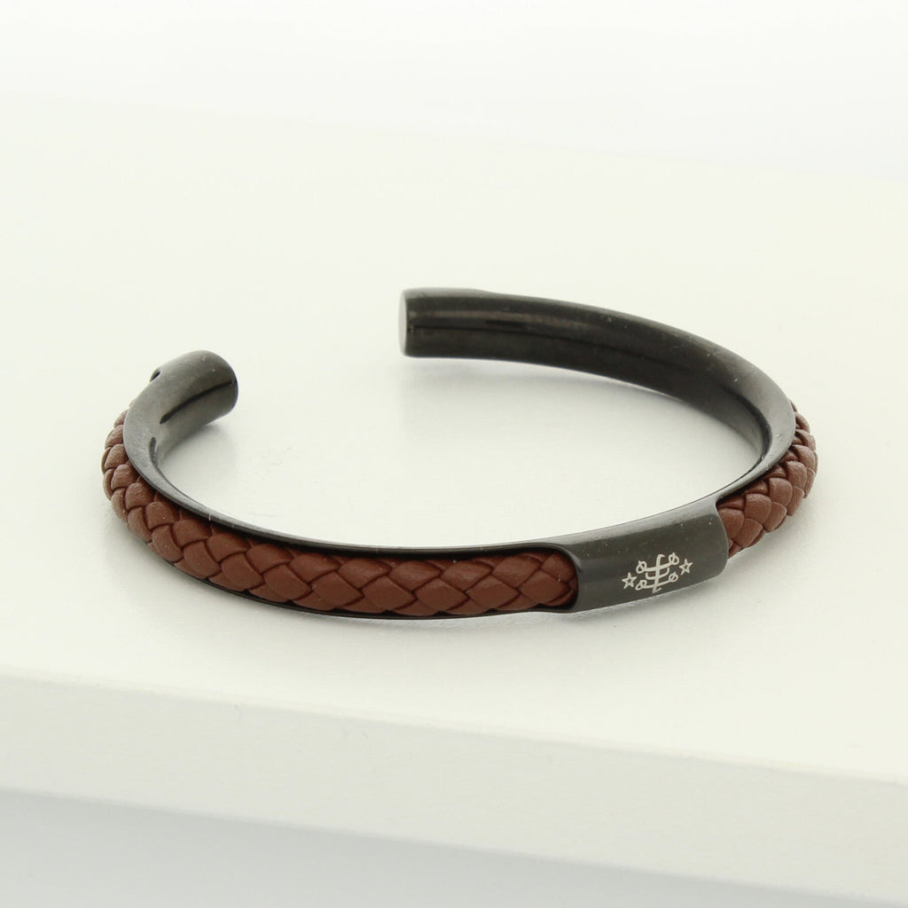 Open black bangle with brown braided leather and engraved Ringstone Symbol by Maconi Jewelry