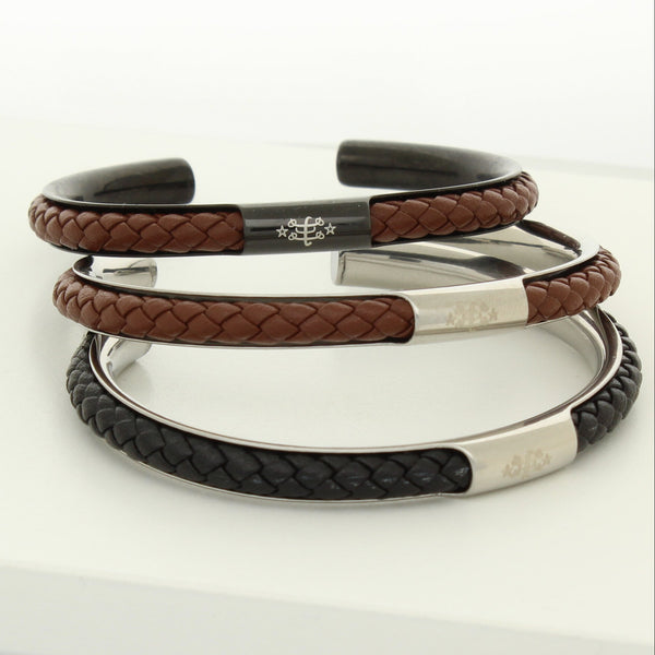 Open bangles with braided leather and engraved Ringstone Symbol by Maconi Jewelry