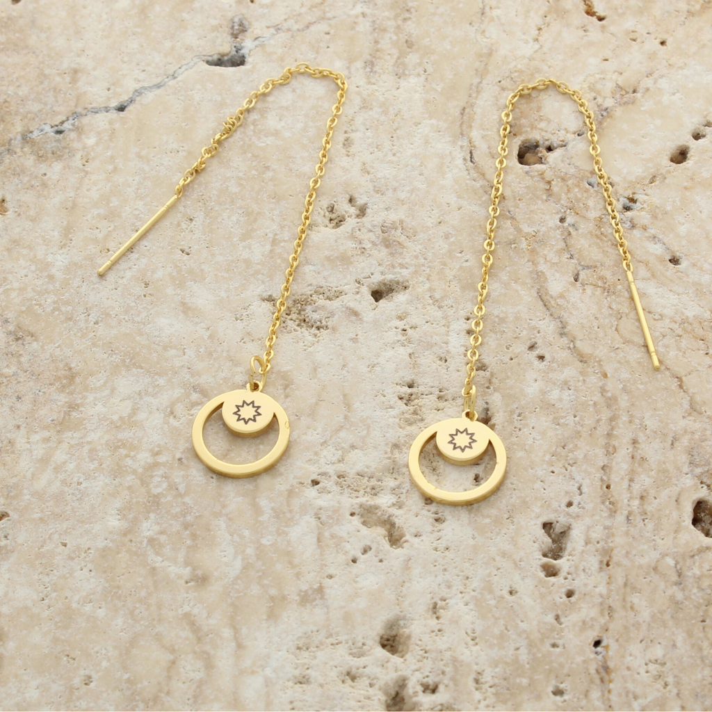Minimal gold chain earrings with engraved 9-pointed star pendant by Maconi Jewelry